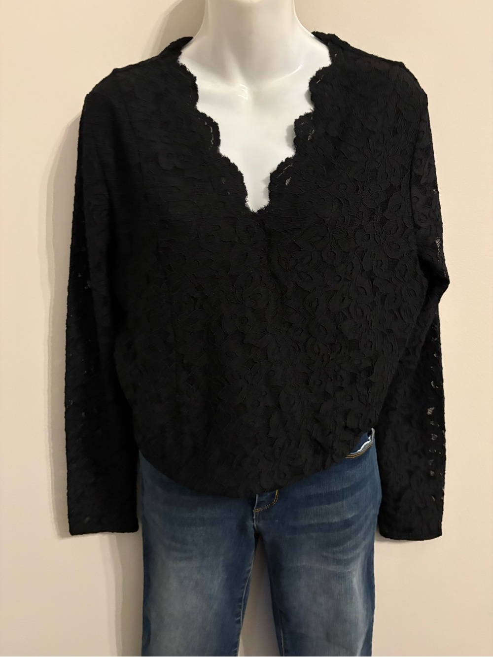 Ann Taylor Black Lace Scalloped V-Neck Long Sleeve Top